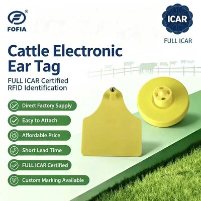 FOFIA New Full ICAR bền chống nước RFID TPU thẻ tai động vật màu vàng ET908 + T905 EM4305 Chip 5 năm bảo hành bò 14,5mm