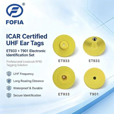 Thẻ tai RFID UHF điện tử chống nước TPU 5.7mm màu vàng ET933+Chip T901 Bảo hành 5 năm Dùng cho gia súc Fofia