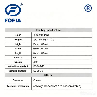 Thẻ tai điện tử RFID Fofia HDX chống chịu nhiệt độ cao, chống rơi, mã laser ET969 cho cừu vàng 1.5"