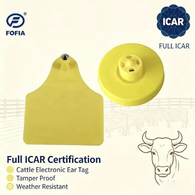 FOFIA New Full ICAR bền chống nước RFID TPU thẻ tai màu vàng LF ET908+T905 Chip nông nghiệp 5 năm bảo hành bò 14,5mm