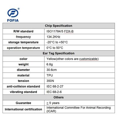 FOFIA New Full ICAR bền chống nước RFID TPU thẻ tai màu vàng LF ET908+T905 Chip nông nghiệp 5 năm bảo hành bò 14,5mm