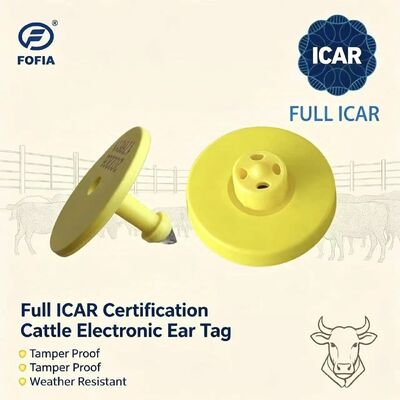 Thẻ tai bò RFID Fofia chống nước, đạt chứng nhận ICAR ET908 màu vàng, TPU, bảo hành 1.5 năm, chất lượng cao cho chăn nuôi