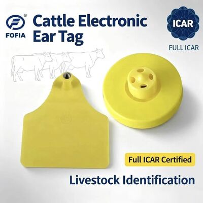 Thẻ tai RFID FOFIA ICAR LF bền chống nước màu vàng TPU cho bò, lợn, cừu ET908+T905 Chip EM4305 Bảo hành 5 năm 14.5mm