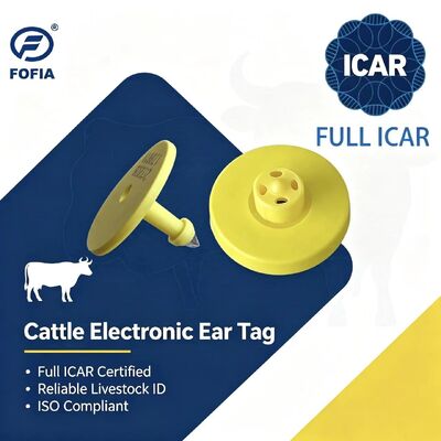 Thẻ tai động vật chống nước ICAR ET908+T901 RFID LF TPU màu vàng 14.5mm cho bò, trâu, bảo hành 5 năm