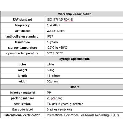 Fofia New ICAR chứng nhận RFID 134.2kHz PP Animal ID Microchip chống nước cho chó & mèo Sử dụng Bảo hành 1,5 năm