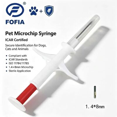 FOFIA ZS007 ICAR được chứng nhận 134.2kHz RFID Ear Tag Animal Microchip FDX/EM4305 IP67 Không thấm nước trắng PP 1.4x8mm Chó mèo vật nuôi