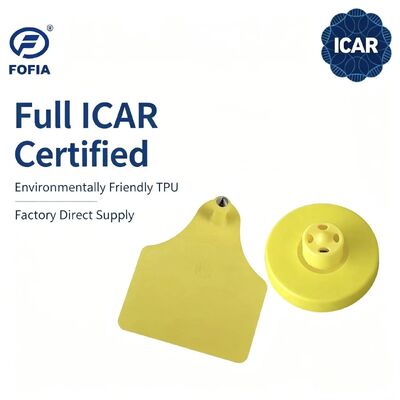 Thẻ tai RFID LF TPU màu vàng ICAR mới, bền, chống nước FOFIA ET908+T905 Chip EM4305 Bảo hành 5 năm cho gia súc 14.5mm
