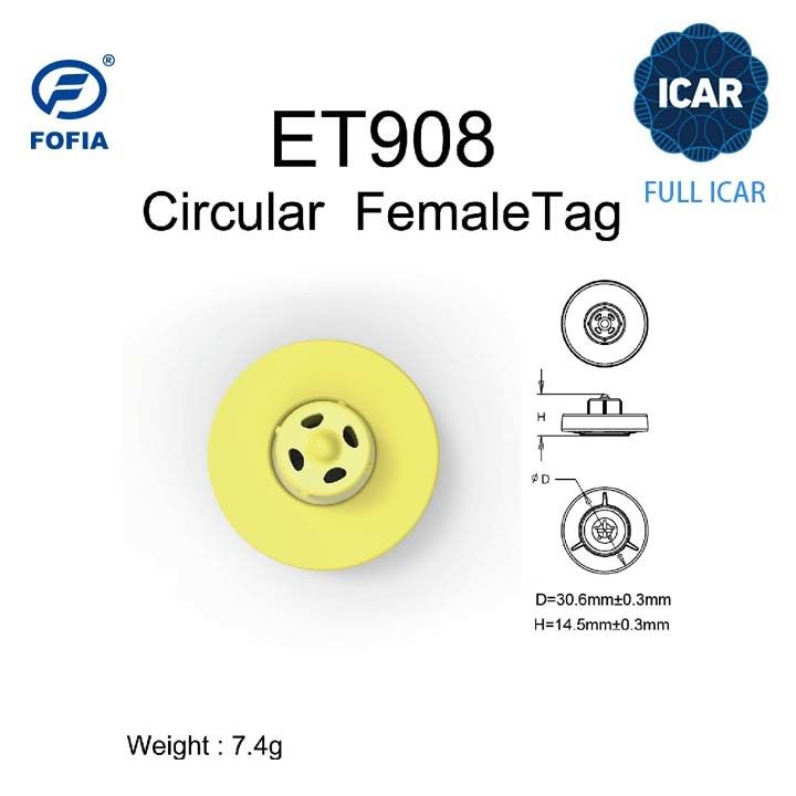 New Fofia Full ICAR ET908 Cattle RFID LF Ear Tag Vật liệu TPU 350N Tension 5 năm bảo hành Tiêu chuẩn ISO11784/5 Phù hợp Sử dụng trang trại