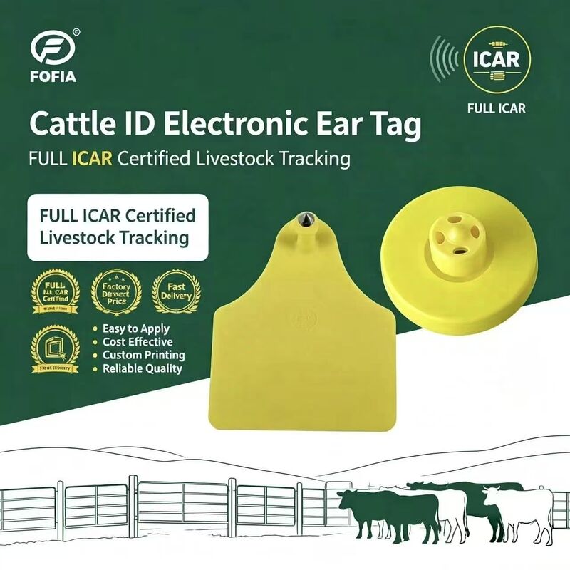 FOFIA Full ICAR LF Thẻ tai động vật màu vàng TPU chống nước bền RFID ET908 + T905 EM4305 Bảo hành 5 năm Gia súc 14,5mm