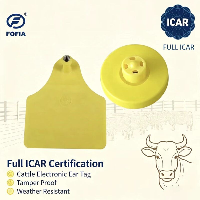 FOFIA New Full ICAR bền chống nước RFID TPU thẻ tai màu vàng LF ET908+T905 Chip nông nghiệp 5 năm bảo hành bò 14,5mm