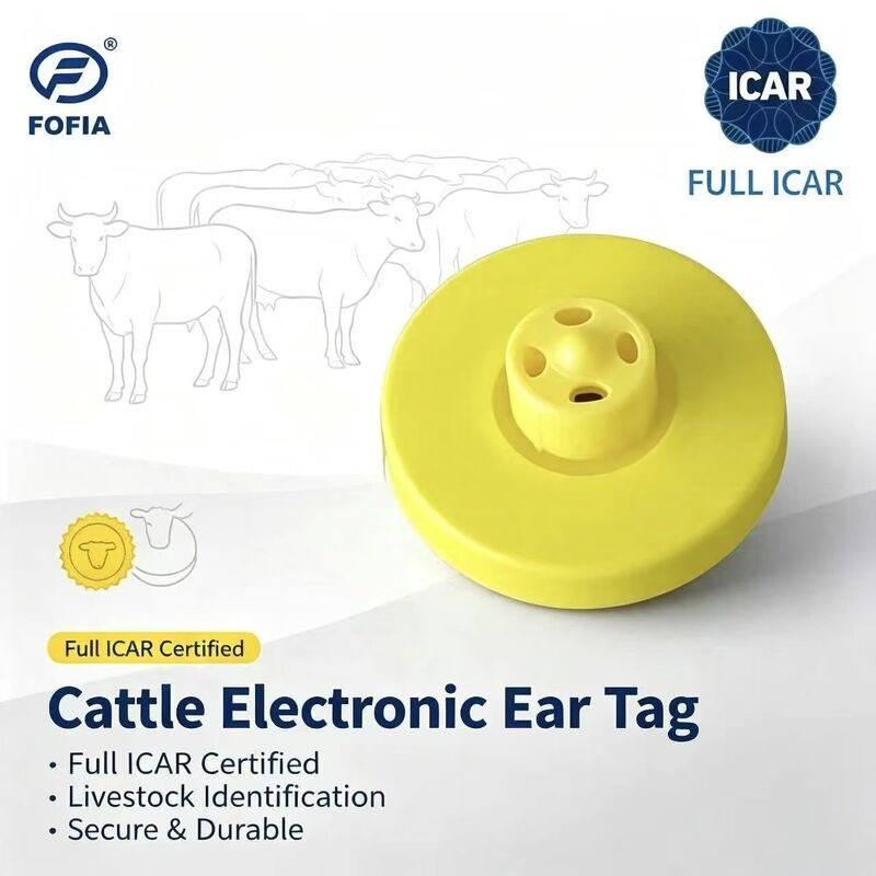 New Full ICAR LF Waterproof RFID TPU Yellow Animal Ear Tags 14.5mm ET908+T901 Chips 5 năm bảo hành Fofia Sản phẩm sử dụng gia súc