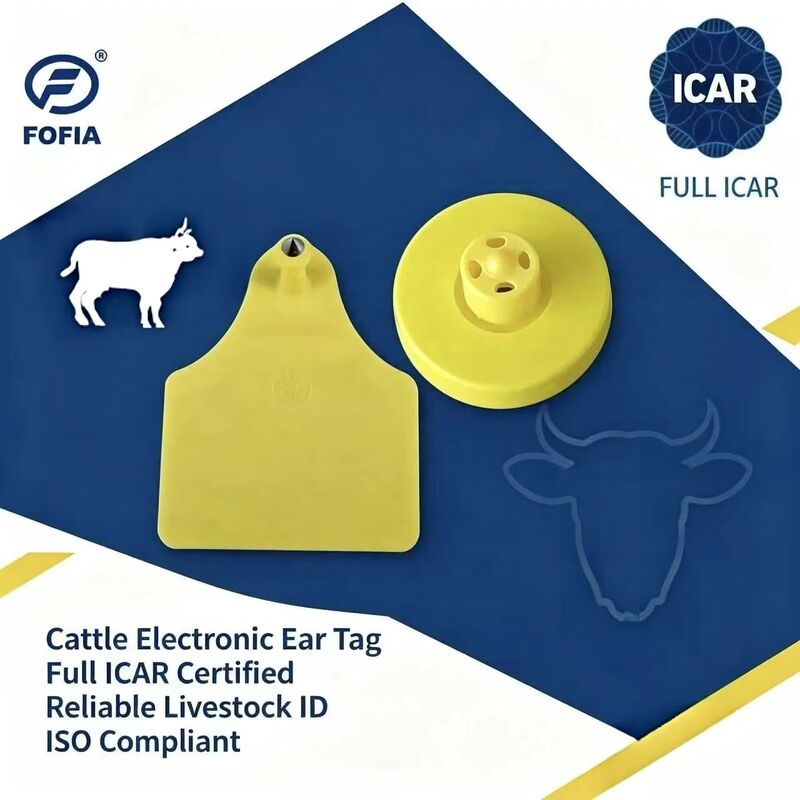 FOFIA Thẻ Tai RFID TPU Vàng Chống Thấm Nước Bền Bỉ ICAR ET908+T905 Chip Trang Trại Bảo Hành 5 Năm Cho Gia Súc 14.5mm