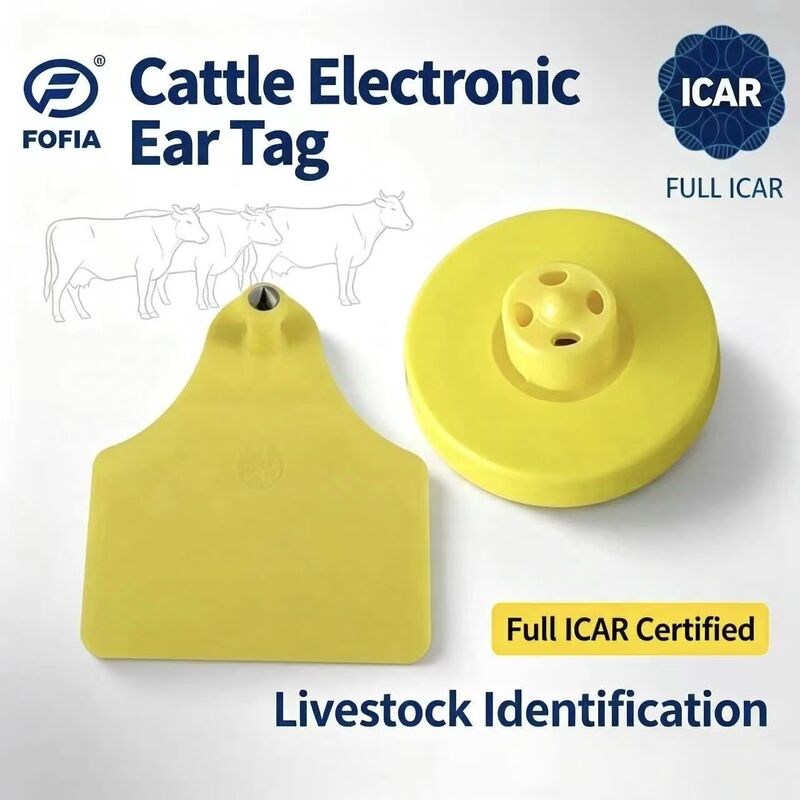 Thẻ tai RFID FOFIA ICAR LF bền chống nước màu vàng TPU cho bò, lợn, cừu ET908+T905 Chip EM4305 Bảo hành 5 năm 14.5mm