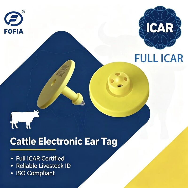 Thẻ tai động vật chống nước ICAR ET908+T901 RFID LF TPU màu vàng 14.5mm cho bò, trâu, bảo hành 5 năm