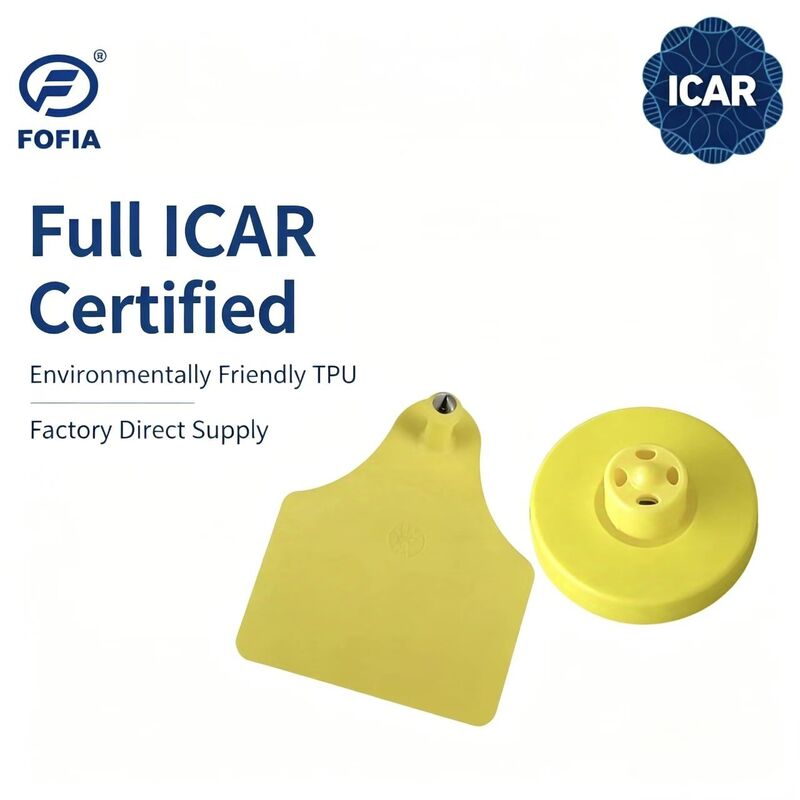 Thẻ tai RFID LF TPU màu vàng ICAR mới, bền, chống nước FOFIA ET908+T905 Chip EM4305 Bảo hành 5 năm cho gia súc 14.5mm